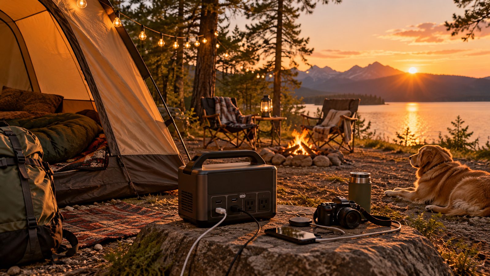 A portable power station beside a tent at a campsite at golden hour