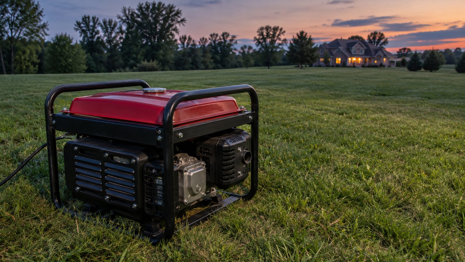 A generator running on a lawn far from a house (illustrative)