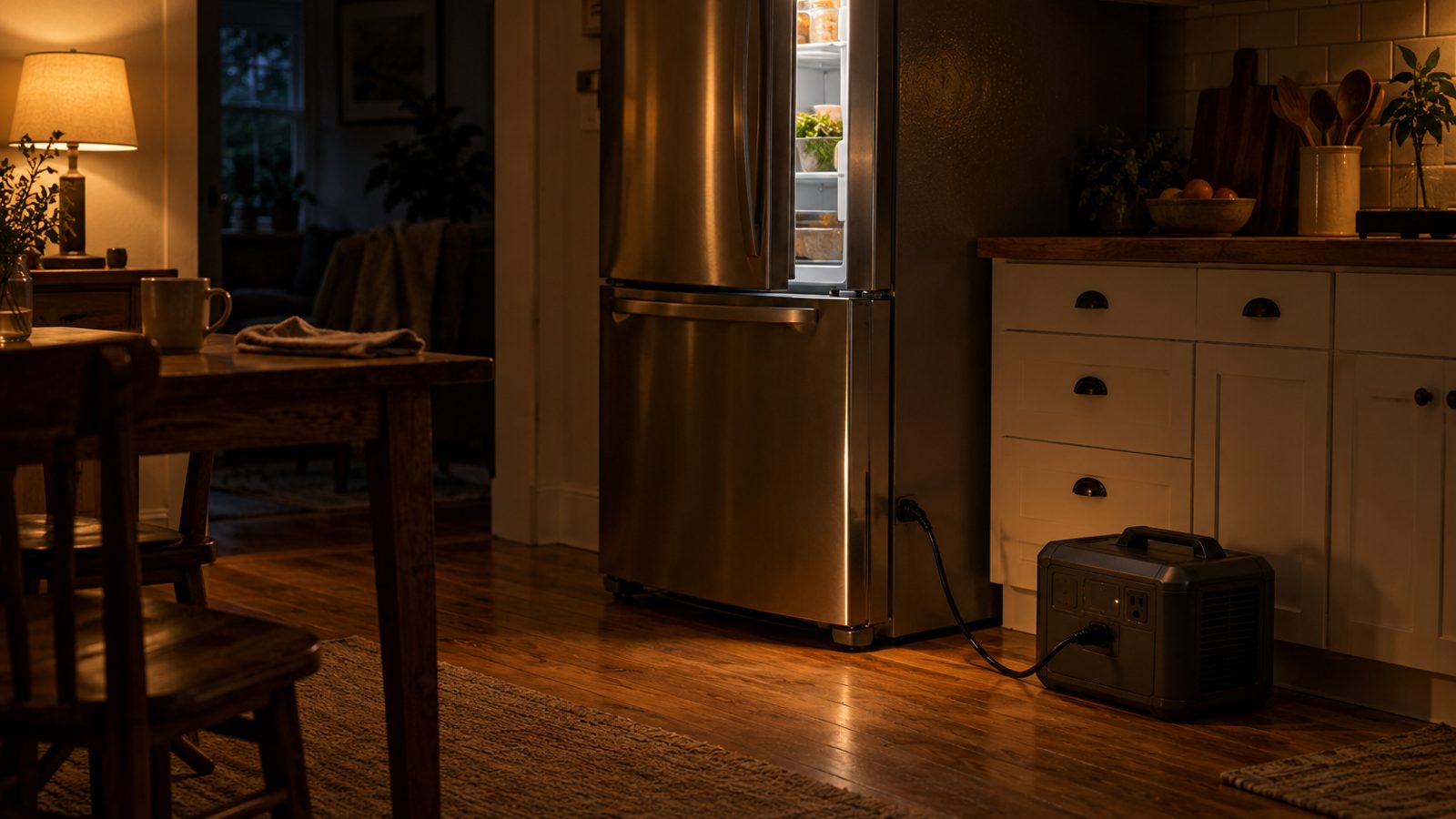 A kitchen at night during an outage with a portable battery plugged into the refrigerator (illustrative)