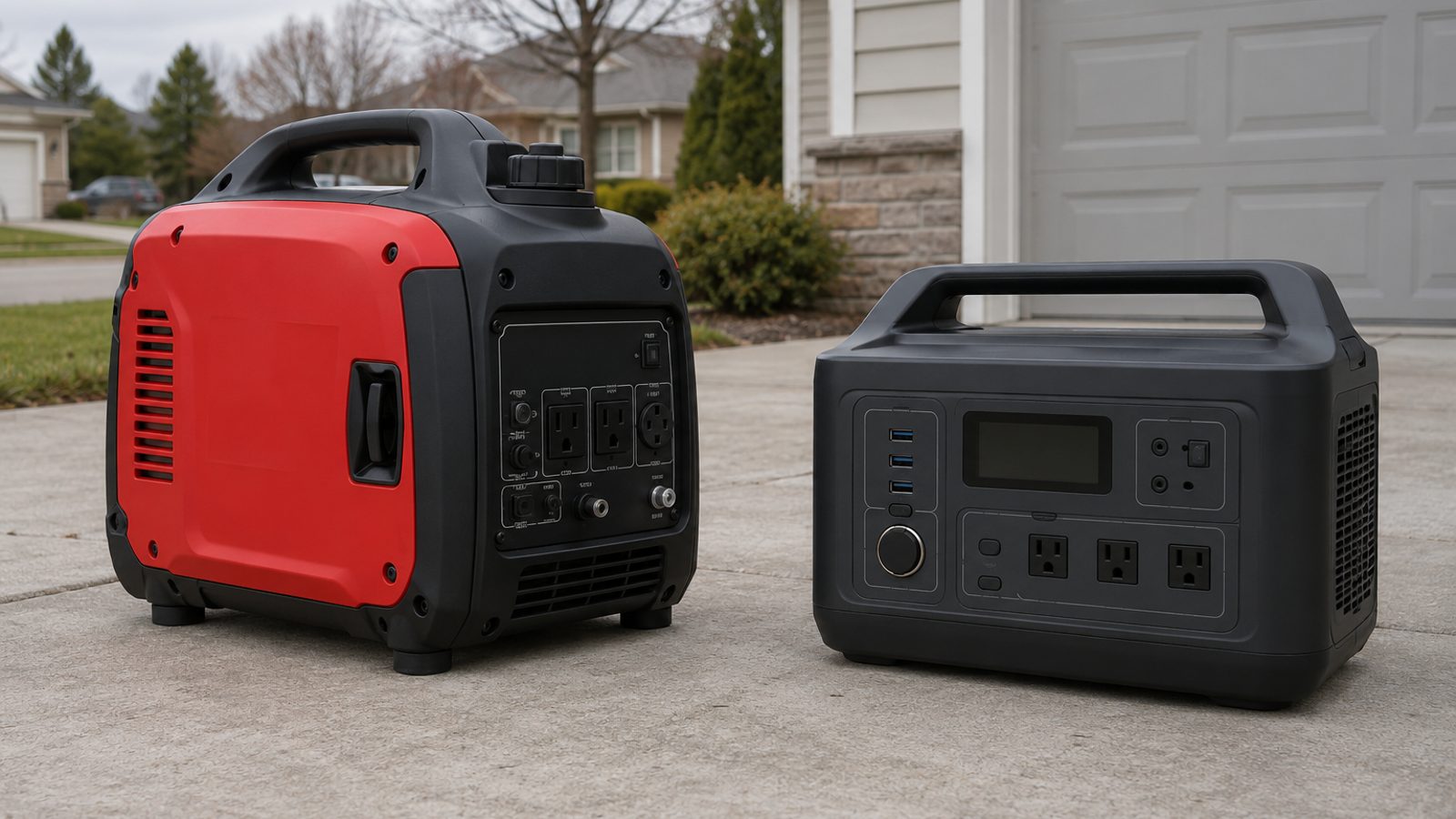 An unbranded inverter generator next to a portable battery power station on a driveway (illustrative)