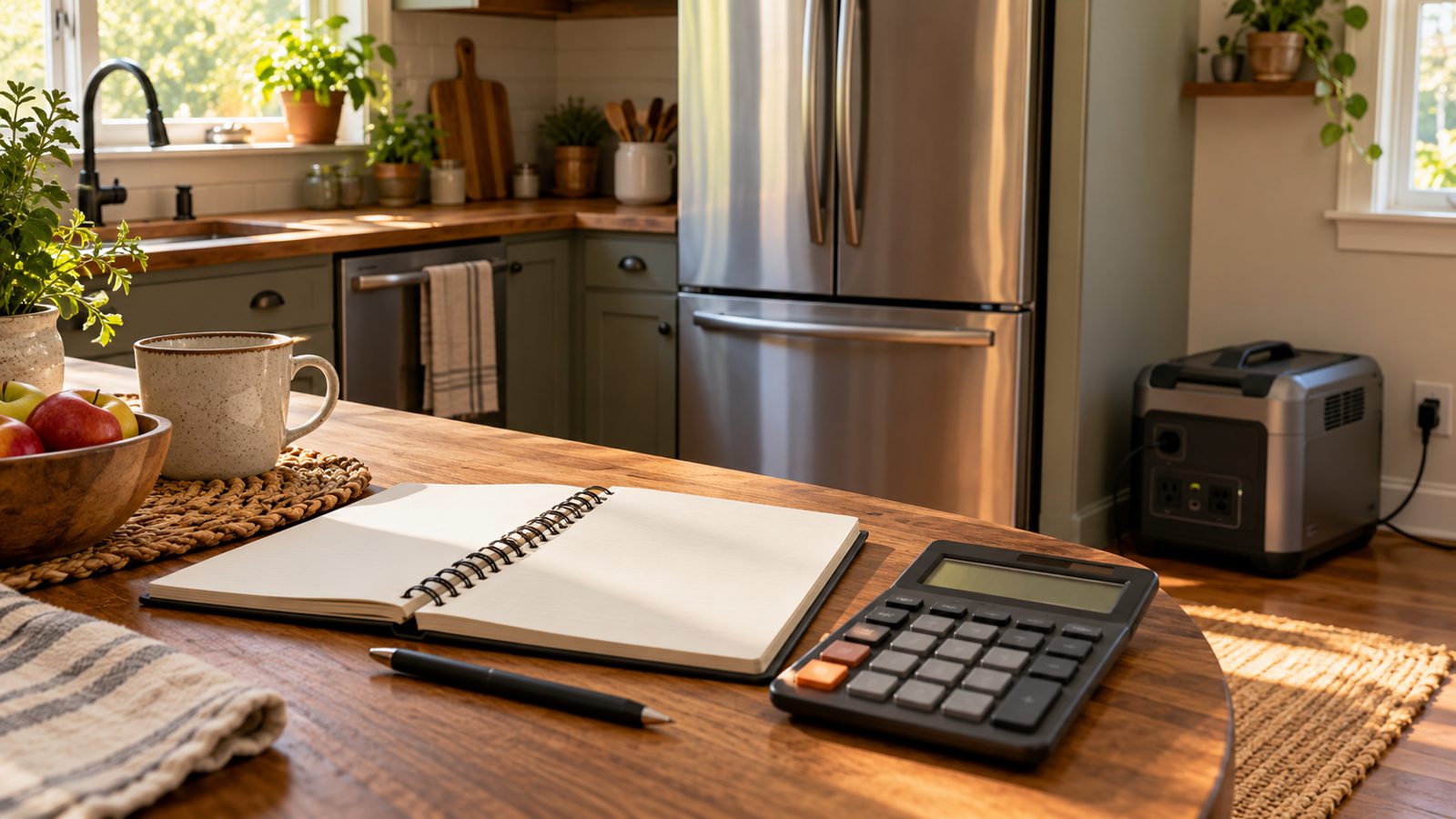 A kitchen counter with a notebook and calculator, a refrigerator in the background (illustrative)