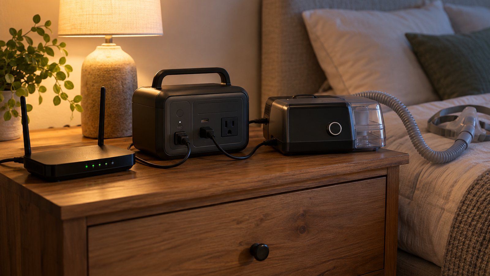 A router and a CPAP plugged into a power station on a nightstand (illustrative)